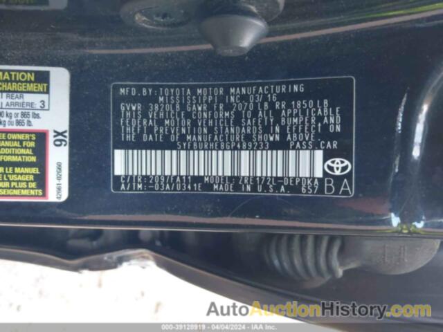 TOYOTA COROLLA L/LE/LE PLS/PRM/S/S PLS, 5YFBURHE8GP489233