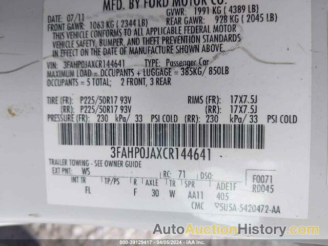 FORD FUSION SEL, 3FAHP0JAXCR144641