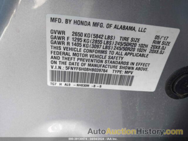 HONDA PILOT ELITE, 5FNYF6H08HB039764