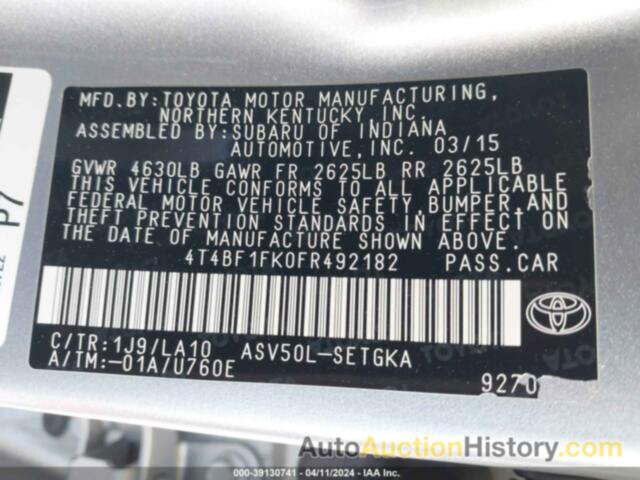 TOYOTA CAMRY XLE, 4T4BF1FK0FR492182