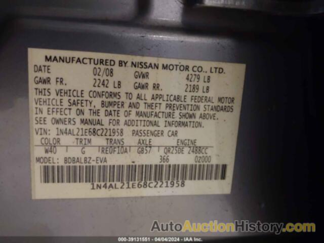 NISSAN ALTIMA 2.5 S, 1N4AL21E68C221958