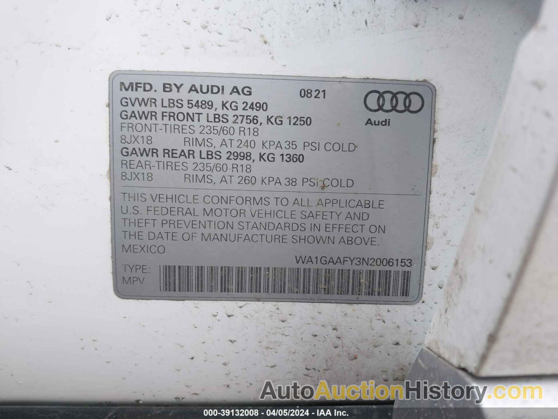 AUDI Q5 PREMIUM 45 TFSI S LINE QUATTRO S TRONIC, WA1GAAFY3N2006153