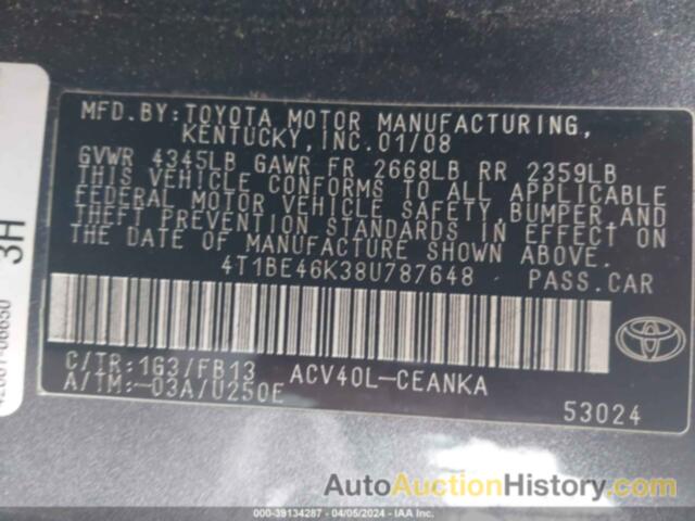 TOYOTA CAMRY LE, 4T1BE46K38U787648