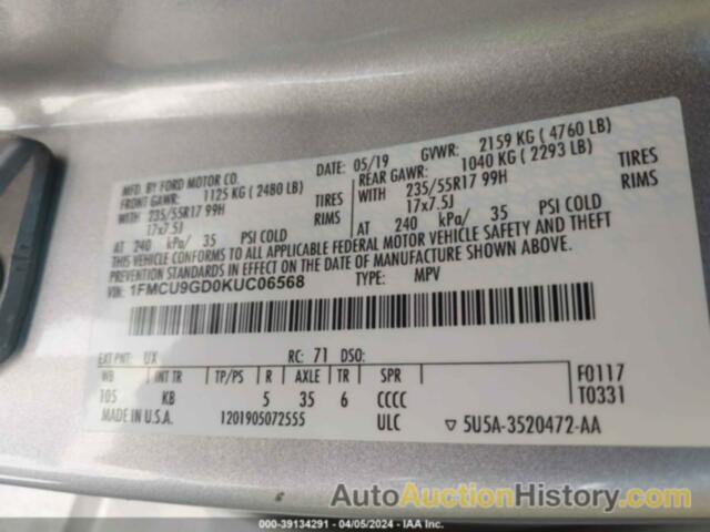 FORD ESCAPE SE, 1FMCU9GD0KUC06568