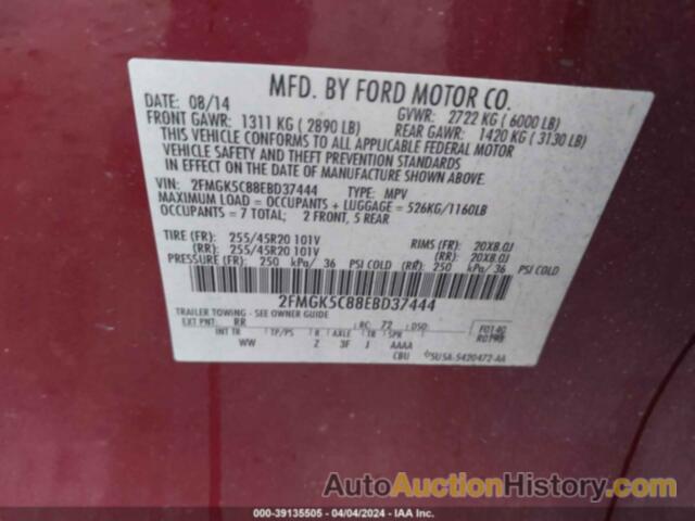 FORD FLEX SEL, 2FMGK5C88EBD37444