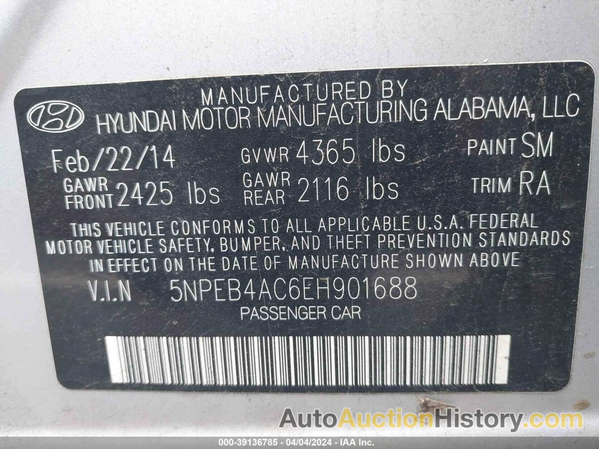 HYUNDAI SONATA GLS, 5NPEB4AC6EH901688