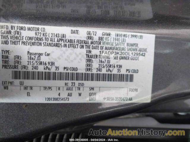 FORD FOCUS SE, 1FADP3K20DL129542