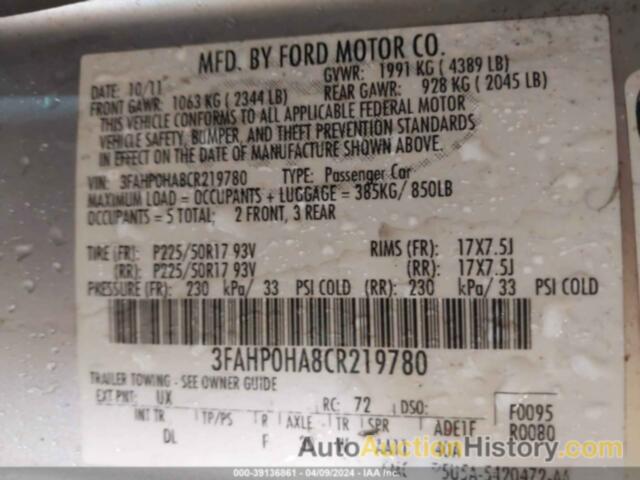 FORD FUSION SE, 3FAHP0HA8CR219780