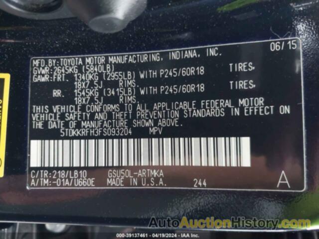 TOYOTA HIGHLANDER XLE V6, 5TDKKRFH3FS093204