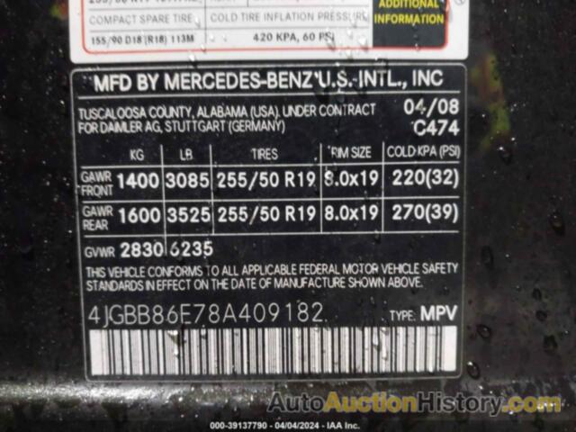 MERCEDES-BENZ ML 350 4MATIC, 4JGBB86E78A409182