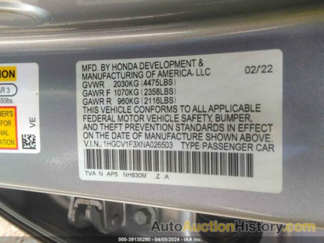 HONDA ACCORD SPORT, 1HGCV1F3XNA026503