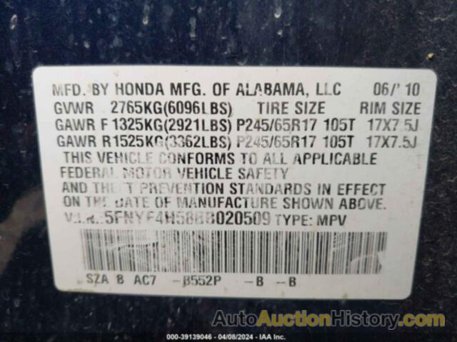 HONDA PILOT EXL, 5FNYF4H58BB020509