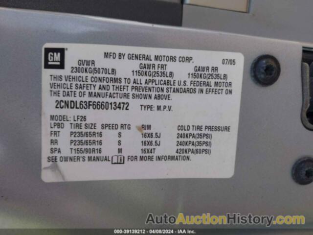 CHEVROLET EQUINOX LT, 2CNDL63F666013472