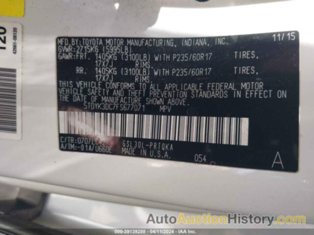 TOYOTA SIENNA XLE PREMIUM 8 PASSENGER, 5TDYK3DC7FS677071