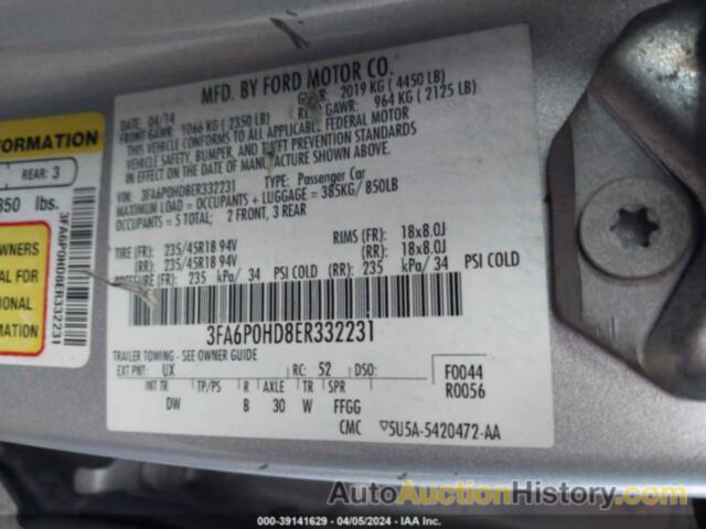 FORD FUSION SE, 3FA6P0HD8ER332231