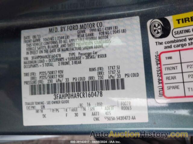 FORD FUSION SE, 3FAHP0HA9CR160478