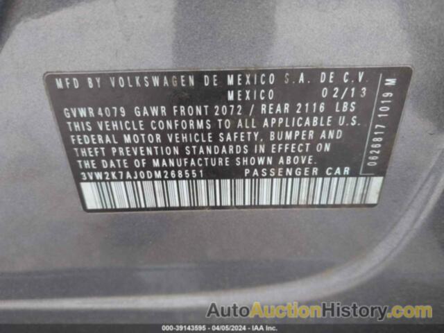 VOLKSWAGEN JETTA 2.0L S, 3VW2K7AJ0DM268551