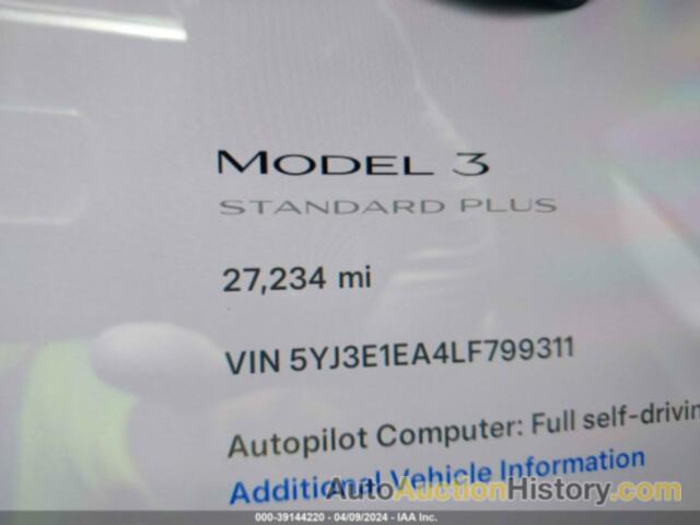 TESLA MODEL 3 STANDARD RANGE PLUS REAR-WHEEL DRIVE/STANDARD RANGE REAR-WHEEL DRIVE, 5YJ3E1EA4LF799311