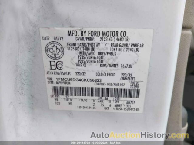 FORD ESCAPE XLT, 1FMCU9DG4CKC56823