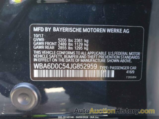 BMW 640I GRAN COUPE, WBA6D0C54JG852959