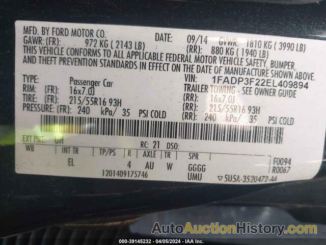 FORD FOCUS SE, 1FADP3F22EL409894