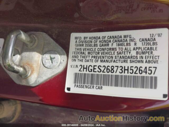 HONDA CIVIC EX, 2HGES26873H526457