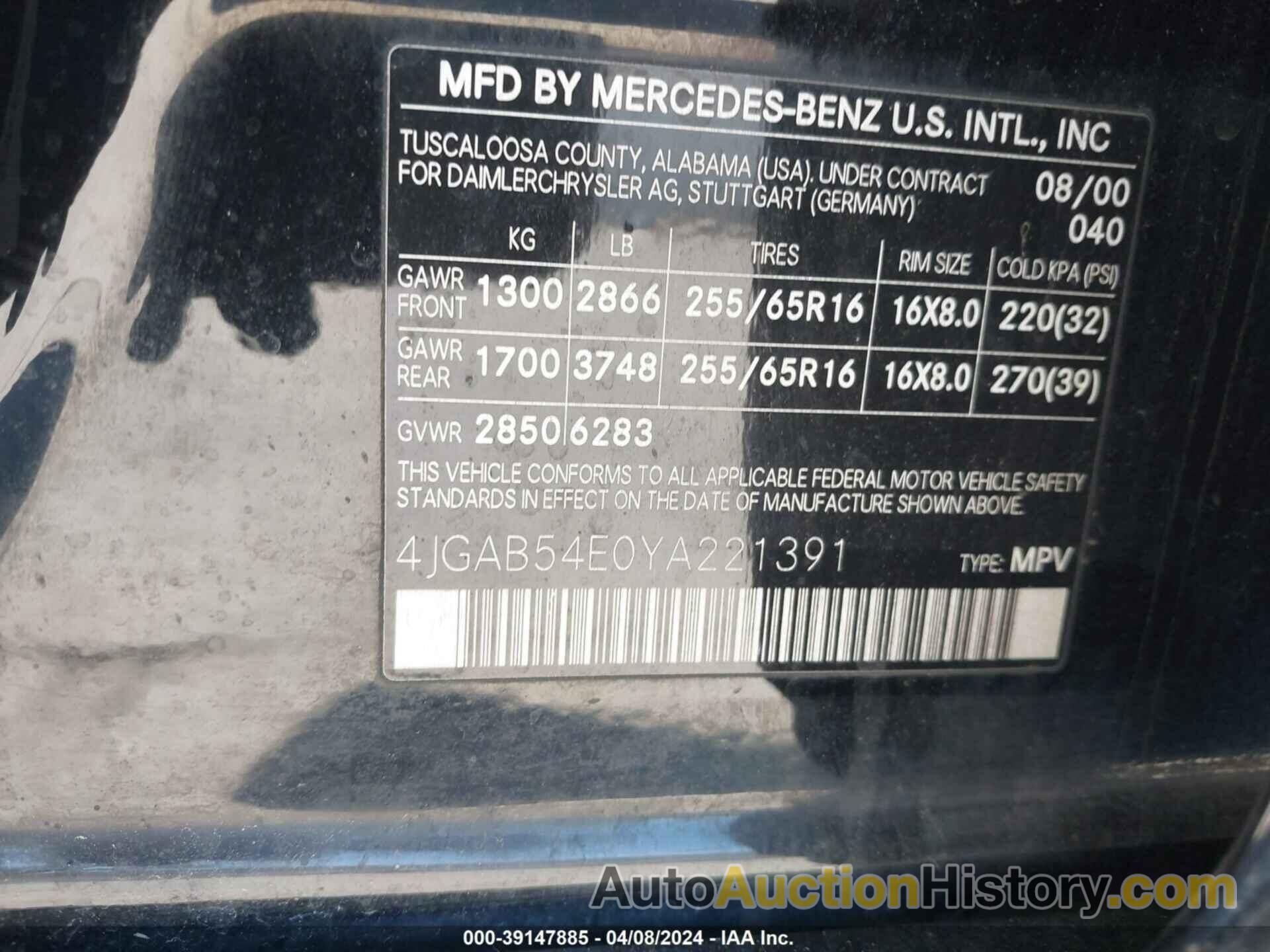 MERCEDES-BENZ ML 320, 4JGAB54E0YA221391