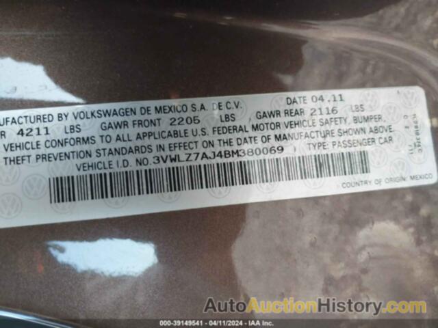 VOLKSWAGEN JETTA 2.5L SEL, 3VWLZ7AJ4BM380069