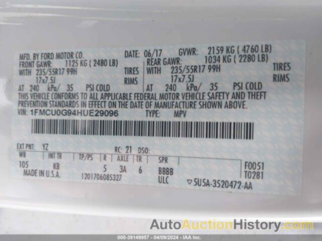 FORD ESCAPE SE, 1FMCU0G94HUE29096