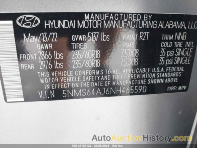 HYUNDAI SANTA FE SEL/XRT, 5NMS64AJ6NH465590