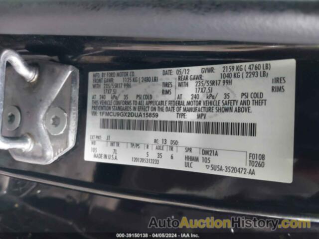 FORD ESCAPE SE, 1FMCU9GX2DUA15859