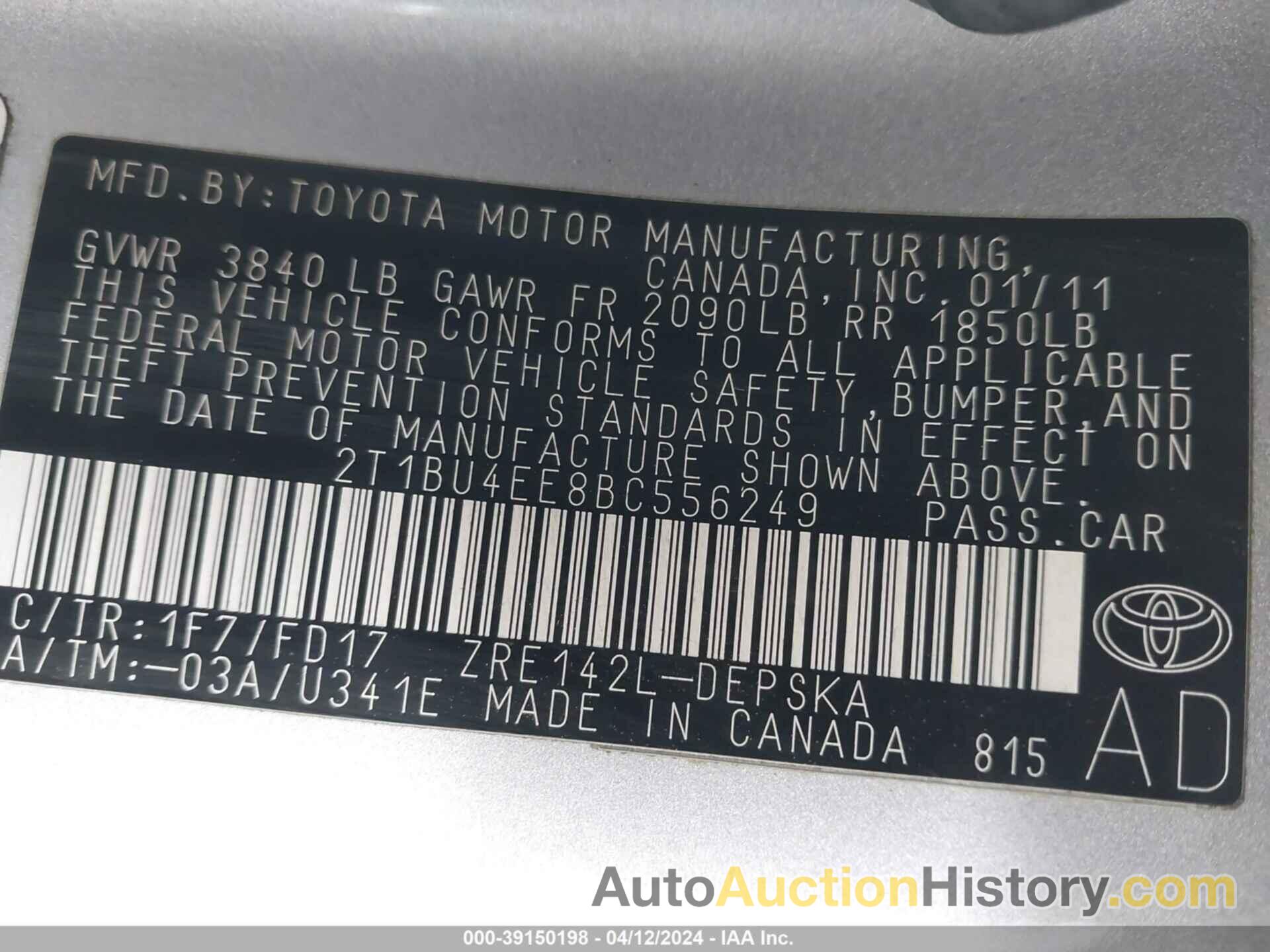 TOYOTA COROLLA S/LE, 2T1BU4EE8BC556249