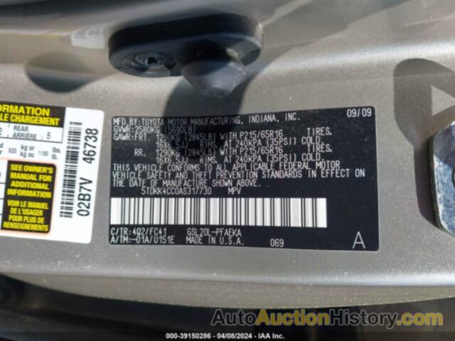 TOYOTA SIENNA LE, 5TDKK4CC0AS317730