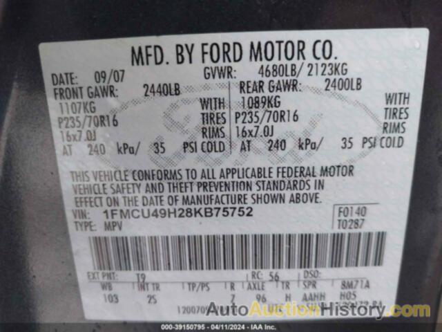 FORD ESCAPE HYBRID, 1FMCU49H28KB75752