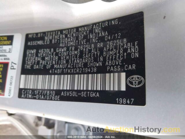 TOYOTA CAMRY SE/LE/XLE, 4T4BF1FKXCR219438