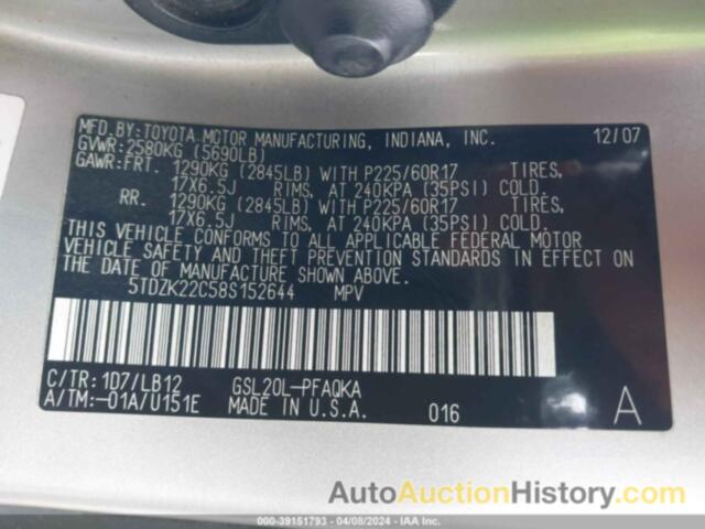 TOYOTA SIENNA XLE/XLE LIMITED, 5TDZK22C58S152644