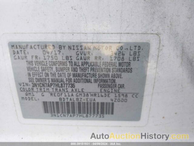 NISSAN VERSA S/S PLUS/SV/SL, 3N1CN7AP7HL877735