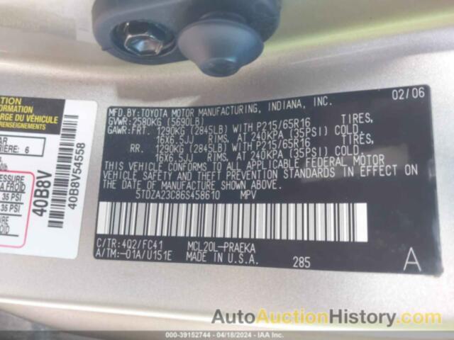 TOYOTA SIENNA LE, 5TDZA23C86S458610