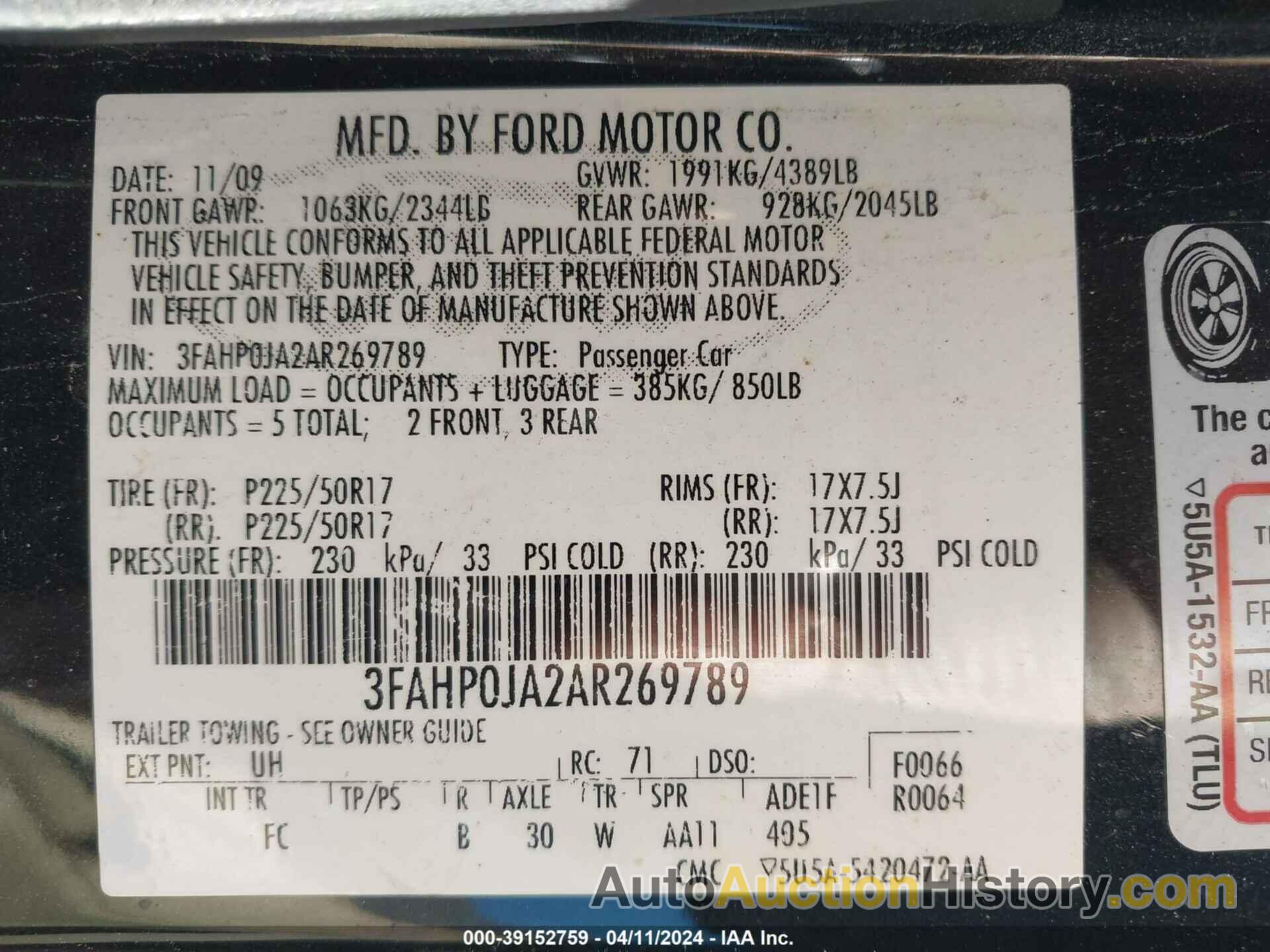 FORD FUSION SEL, 3FAHP0JA2AR269789