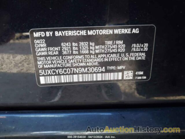 BMW X6 XDRIVE40I, 5UXCY6C07N9M30694