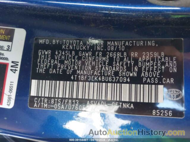 TOYOTA CAMRY SE/LE/XLE, 4T1BF3EK4BU637094