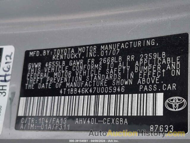 TOYOTA CAMRY HYBRID, 4T1BB46K47U005946