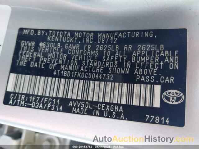 TOYOTA CAMRY HYBRID XLE, 4T1BD1FK0CU044732