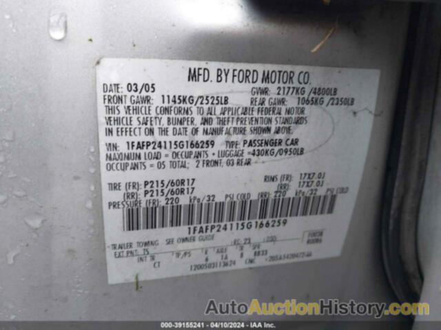 FORD FIVE HUNDRED SEL, 1FAFP24115G166259