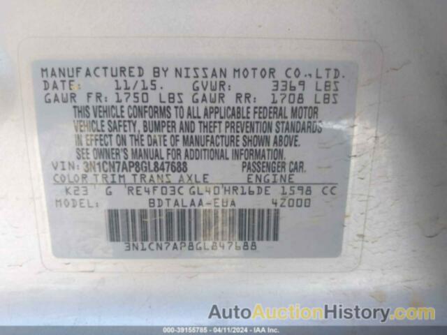 NISSAN VERSA 1.6 S, 3N1CN7AP8GL847688