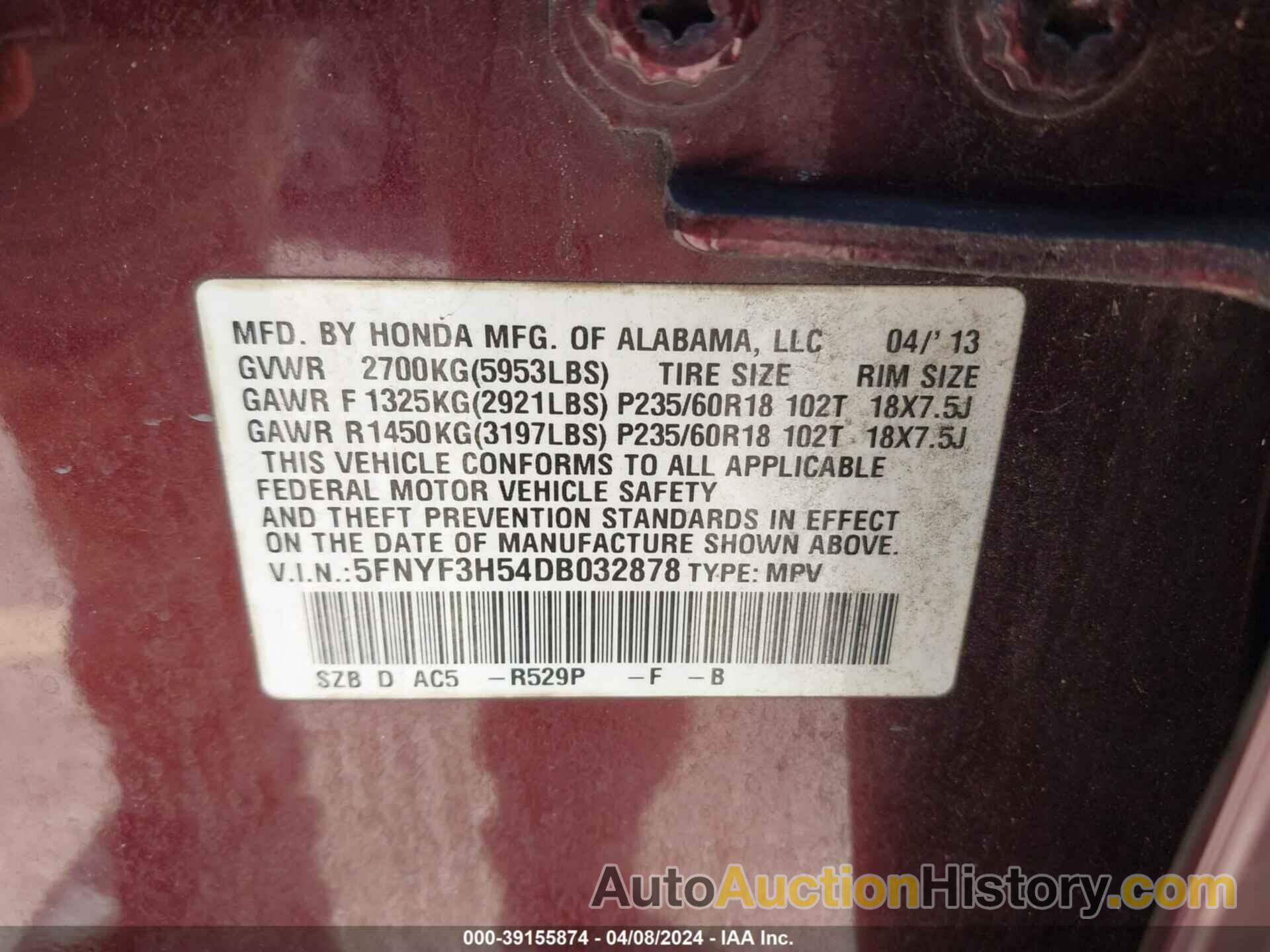 HONDA PILOT EX-L, 5FNYF3H54DB032878