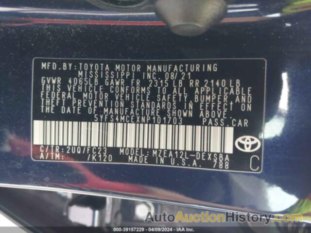 TOYOTA COROLLA SE/NIGHT SHADE, 5YFS4MCEXNP101703