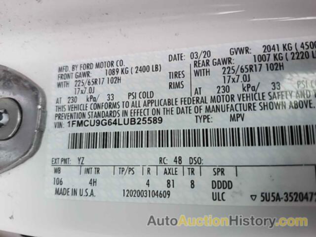 FORD ESCAPE SE, 1FMCU9G64LUB25589