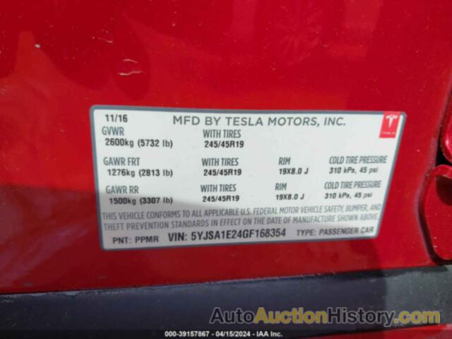 TESLA MODEL S 60D/70D/75D/85D/90D, 5YJSA1E24GF168354