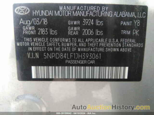 HYUNDAI ELANTRA SEL, 5NPD84LF1JH393061